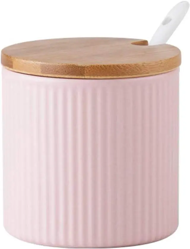 Main image of Ceramic Embossed Stripe Sugar Bowl Spice Jar Storage Seasoning Pot with Lid Spoon
