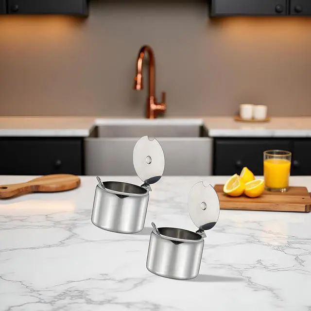 Alt view image 5 of 6 - 2Set of Silver 285ml Stainless Steel Sugar Bowl with Spoon,Condiment Seasoning Pot Sugar Canister with Spoon - Storage Tank for Various Seasonings and Spices,Dinnerware and Serveware Kitchen Gadgets