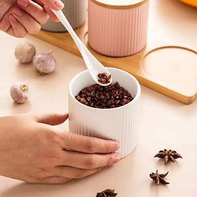 Alt view image 3 of 4 - Ceramic Embossed Stripe Sugar Bowl Spice Jar Storage Seasoning Pot with Lid Spoon