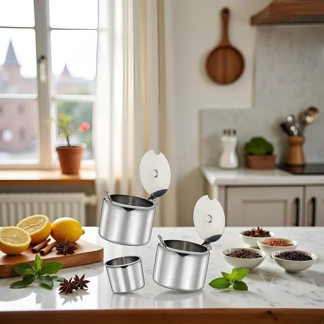 Alt view image 3 of 6 - 2Set of Silver 285ml Stainless Steel Sugar Bowl with Spoon,Condiment Seasoning Pot Sugar Canister with Spoon - Storage Tank for Various Seasonings and Spices,Dinnerware and Serveware Kitchen Gadgets