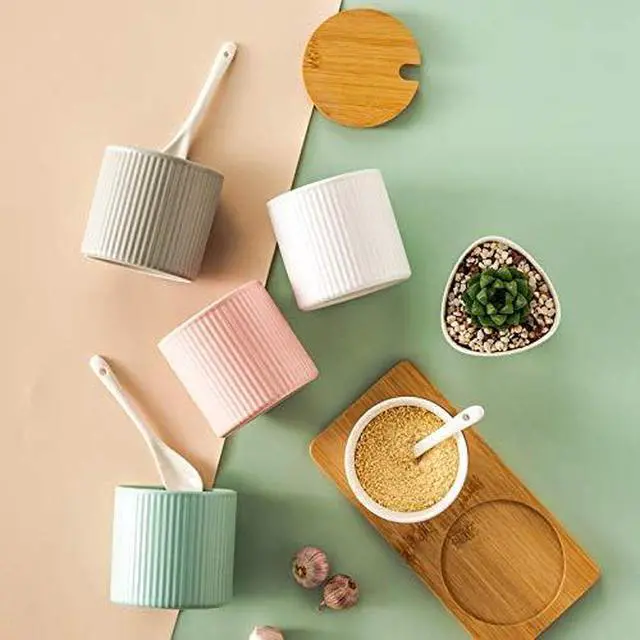 Alt view image 4 of 4 - Ceramic Embossed Stripe Sugar Bowl Spice Jar Storage Seasoning Pot with Lid Spoon