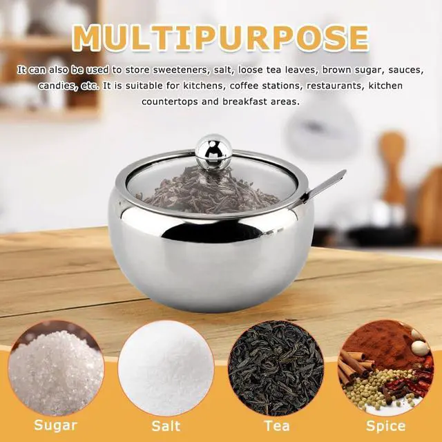 Alt view image 5 of 7 - Sugar Bowl with Lid and Spoon, 14 oz Stainless Steel Sugar Container