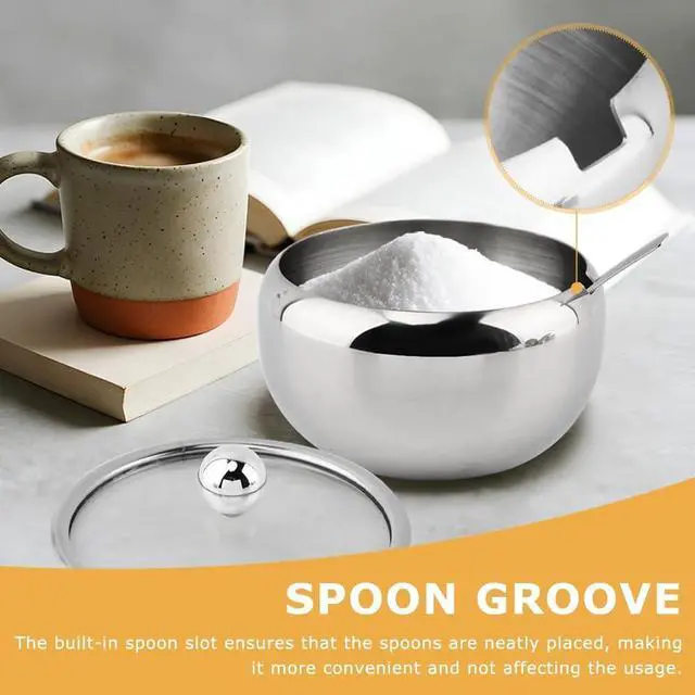 Alt view image 7 of 7 - Sugar Bowl with Lid and Spoon, 14 oz Stainless Steel Sugar Container