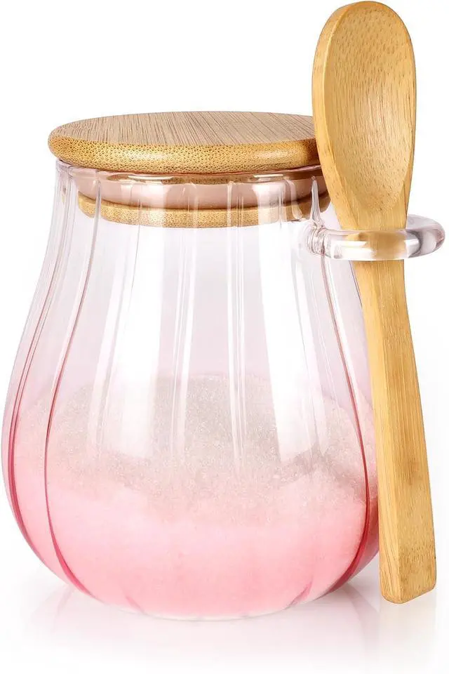 Main image of 15 oz Pink Sugar Bowl - Airtight Glass Jar with Bamboo Lid and Spoon