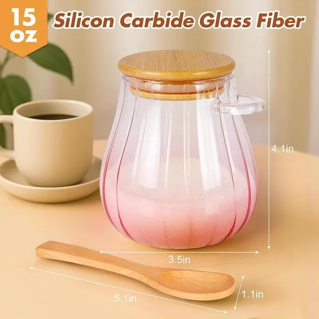 Alt view image 2 of 7 - 15 oz Pink Sugar Bowl - Airtight Glass Jar with Bamboo Lid and Spoon