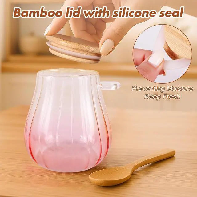 Alt view image 3 of 7 - 15 oz Pink Sugar Bowl - Airtight Glass Jar with Bamboo Lid and Spoon
