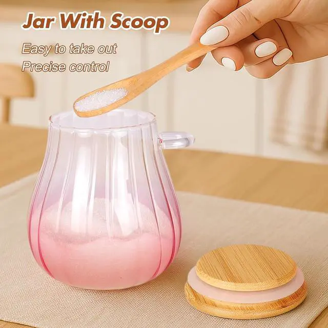 Alt view image 4 of 7 - 15 oz Pink Sugar Bowl - Airtight Glass Jar with Bamboo Lid and Spoon