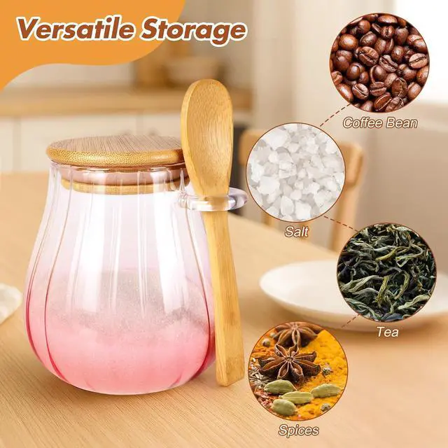 Alt view image 6 of 7 - 15 oz Pink Sugar Bowl - Airtight Glass Jar with Bamboo Lid and Spoon