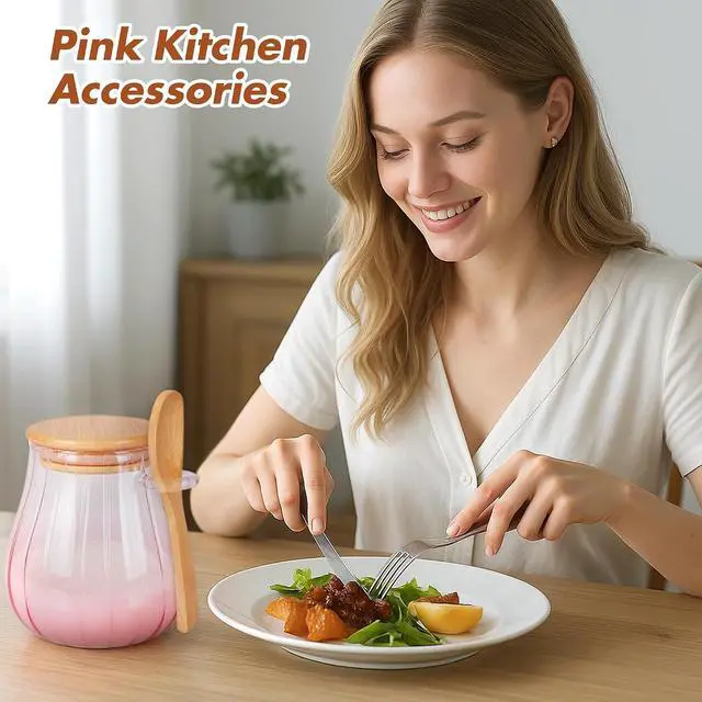 Alt view image 7 of 7 - 15 oz Pink Sugar Bowl - Airtight Glass Jar with Bamboo Lid and Spoon