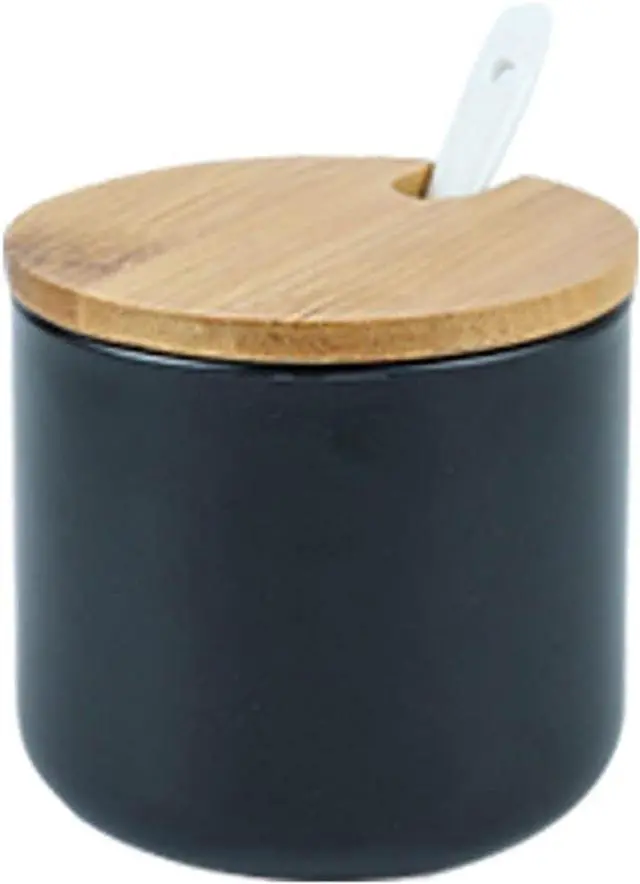 Main image of Simple Pure Color Ceramic Spice Jar Seasoning Box Condiment Pot Sugar Bowl with Bamboo Lid and Spoon