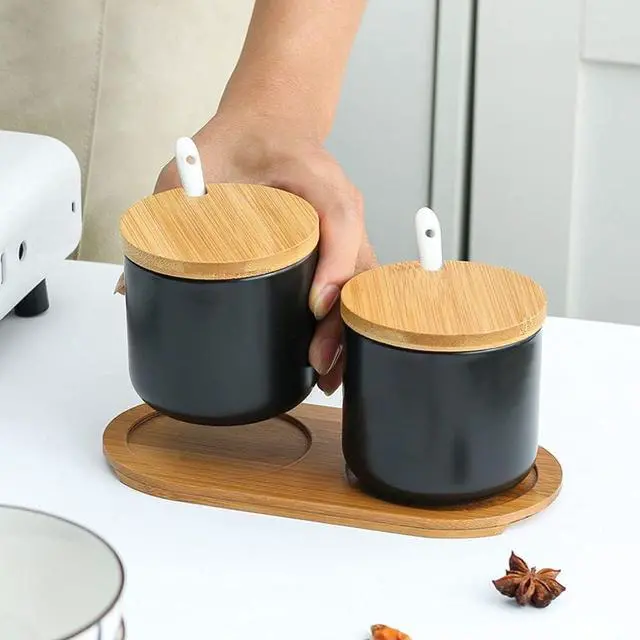 Alt view image 3 of 7 - Simple Pure Color Ceramic Spice Jar Seasoning Box Condiment Pot Sugar Bowl with Bamboo Lid and Spoon