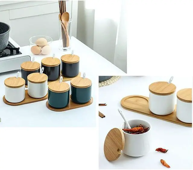 Alt view image 6 of 7 - Simple Pure Color Ceramic Spice Jar Seasoning Box Condiment Pot Sugar Bowl with Bamboo Lid and Spoon