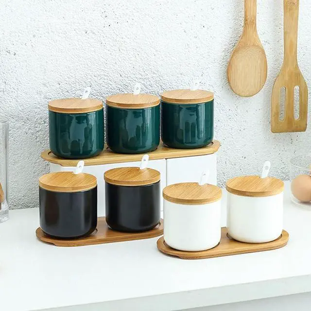 Alt view image 4 of 7 - Simple Pure Color Ceramic Spice Jar Seasoning Box Condiment Pot Sugar Bowl with Bamboo Lid and Spoon