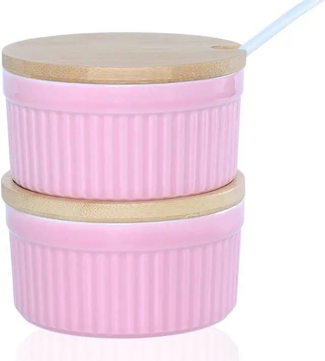 Main image of Salt and Pepper Bowls, 8OZ Ceramic Spice Cellars with Lid and Spoon For Kitchen, Condiment dispensers,Stacking Container for Salt, Pepper,Sugar, Spice, Set 0f 2. (Pink)
