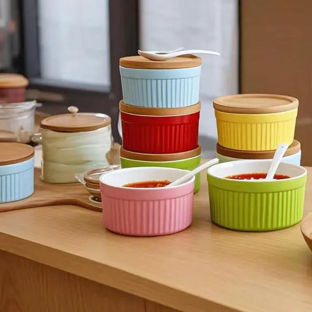 Alt view image 3 of 7 - Salt and Pepper Bowls, 8OZ Ceramic Spice Cellars with Lid and Spoon For Kitchen, Condiment dispensers,Stacking Container for Salt, Pepper,Sugar, Spice, Set 0f 2. (Pink)