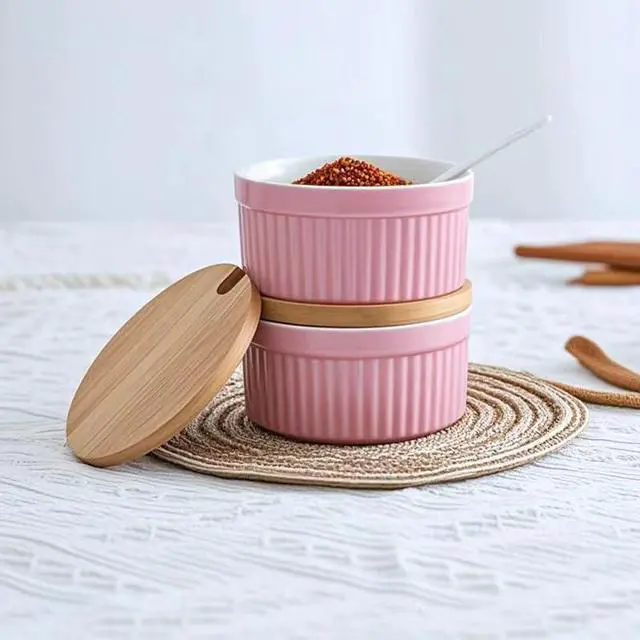 Alt view image 4 of 7 - Salt and Pepper Bowls, 8OZ Ceramic Spice Cellars with Lid and Spoon For Kitchen, Condiment dispensers,Stacking Container for Salt, Pepper,Sugar, Spice, Set 0f 2. (Pink)