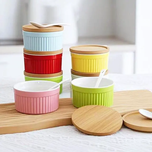 Alt view image 5 of 7 - Salt and Pepper Bowls, 8OZ Ceramic Spice Cellars with Lid and Spoon For Kitchen, Condiment dispensers,Stacking Container for Salt, Pepper,Sugar, Spice, Set 0f 2. (Pink)