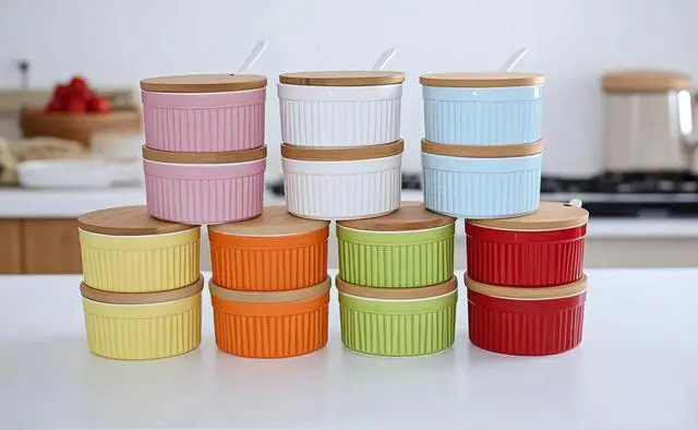 Alt view image 7 of 7 - Salt and Pepper Bowls, 8OZ Ceramic Spice Cellars with Lid and Spoon For Kitchen, Condiment dispensers,Stacking Container for Salt, Pepper,Sugar, Spice, Set 0f 2. (Pink)