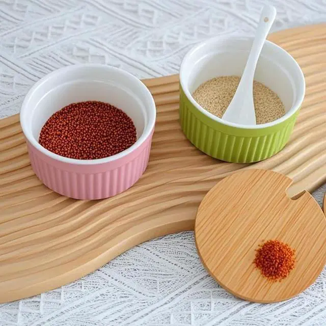 Alt view image 6 of 7 - Salt and Pepper Bowls, 8OZ Ceramic Spice Cellars with Lid and Spoon For Kitchen, Condiment dispensers,Stacking Container for Salt, Pepper,Sugar, Spice, Set 0f 2. (Pink)