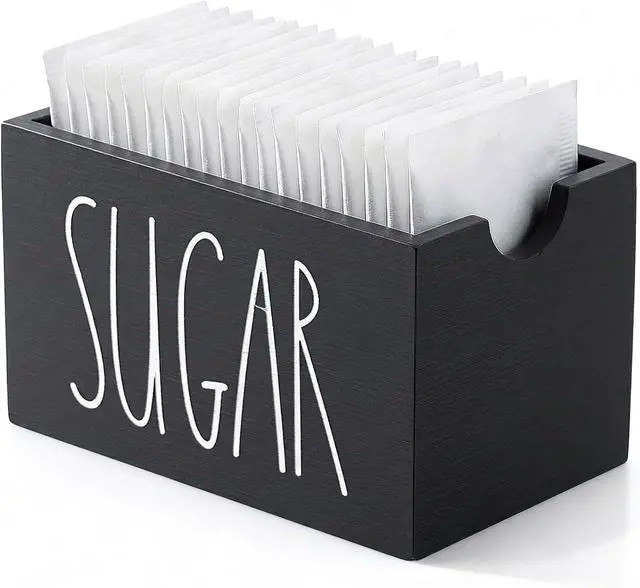 Main image of Sugar Packet Holder For Coffee Bar, Sugars Packet Container Wood Sugar Packets Caddy Farmhouse Sugars Cube Holder Tea Packets Organizer Dispenser for Table, Office,Hotel, Restaurant (Black), 3.3 x 2.2