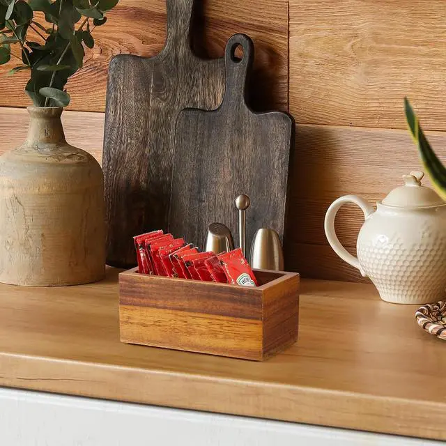 Alt view image 7 of 7 - Sugar Packet Holder, Acacia Wood Sugar Caddy, Sugar Packet Holder for Coffee Bar, Drink Packet Organizer, Condiment Holder
