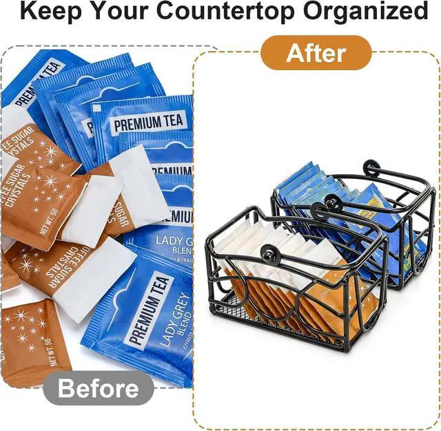 Alt view image 6 of 7 - Elsjoy 2 Pack Sugar Packet Basket with Handle, Black Metal Sugar Caddy