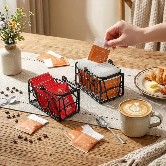 Alt view image 7 of 7 - Elsjoy 2 Pack Sugar Packet Basket with Handle, Black Metal Sugar Caddy