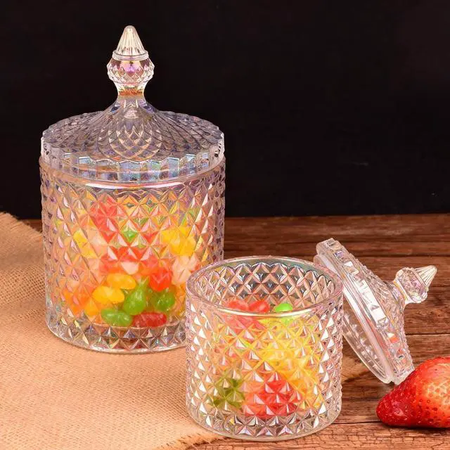 Alt view image 7 of 7 - Happyupcity 300ml/10oz Colorful Round Glass Candy Dish with Lid Wedding Candy Box Decorative Jewelry Jars Candy Bowl Biscuit Containers for Sugar Cookie Buffet