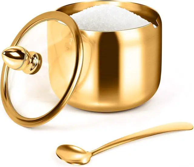 Main image of holoith Sugar Container with Glass Lid and Spoon, Gold, 10oz
