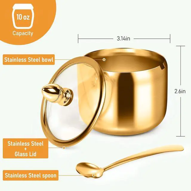 Alt view image 3 of 7 - holoith Sugar Container with Glass Lid and Spoon, Gold, 10oz