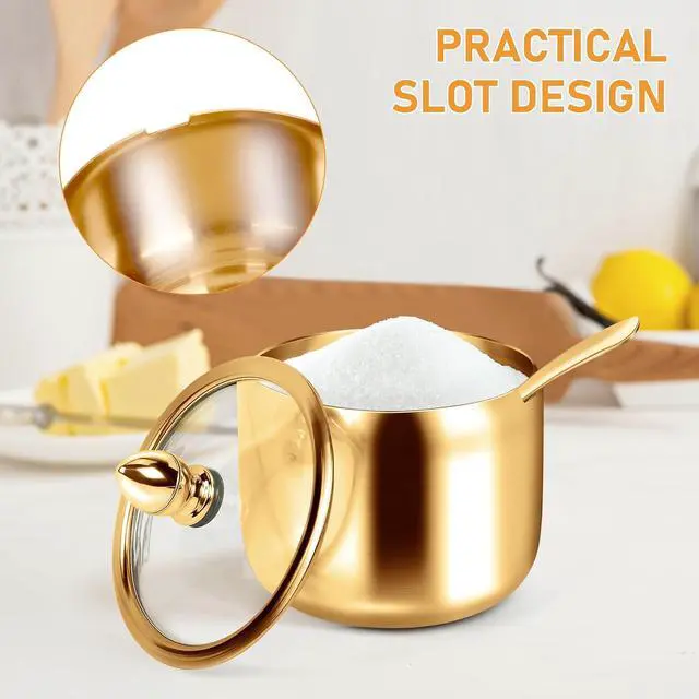 Alt view image 4 of 7 - holoith Sugar Container with Glass Lid and Spoon, Gold, 10oz