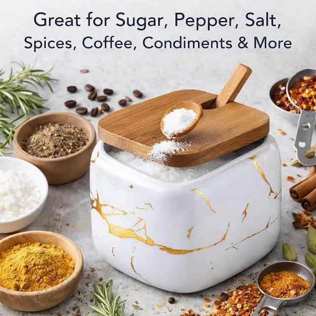 Alt view image 4 of 7 - Marble Ceramics Sugar Bowl Ceramic Seasoning Box Ceramic Spice Jars Porcelain Condiment Pots with Lid and Spoon (White)