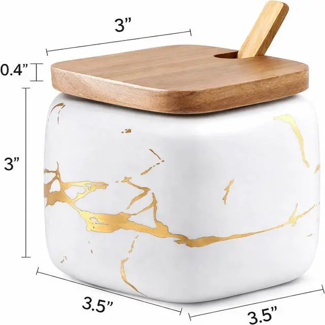 Alt view image 6 of 7 - Marble Ceramics Sugar Bowl Ceramic Seasoning Box Ceramic Spice Jars Porcelain Condiment Pots with Lid and Spoon (White)