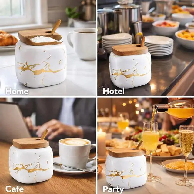 Alt view image 2 of 7 - Marble Ceramics Sugar Bowl Ceramic Seasoning Box Ceramic Spice Jars Porcelain Condiment Pots with Lid and Spoon (White)