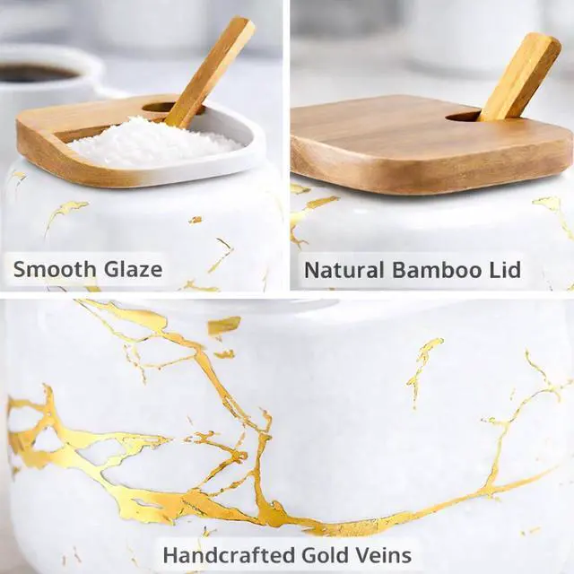 Alt view image 5 of 7 - Marble Ceramics Sugar Bowl Ceramic Seasoning Box Ceramic Spice Jars Porcelain Condiment Pots with Lid and Spoon (White)
