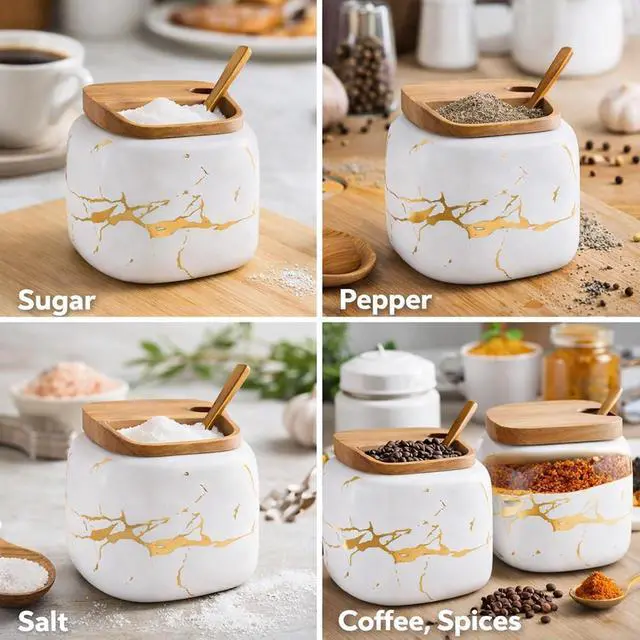 Alt view image 3 of 7 - Marble Ceramics Sugar Bowl Ceramic Seasoning Box Ceramic Spice Jars Porcelain Condiment Pots with Lid and Spoon (White)