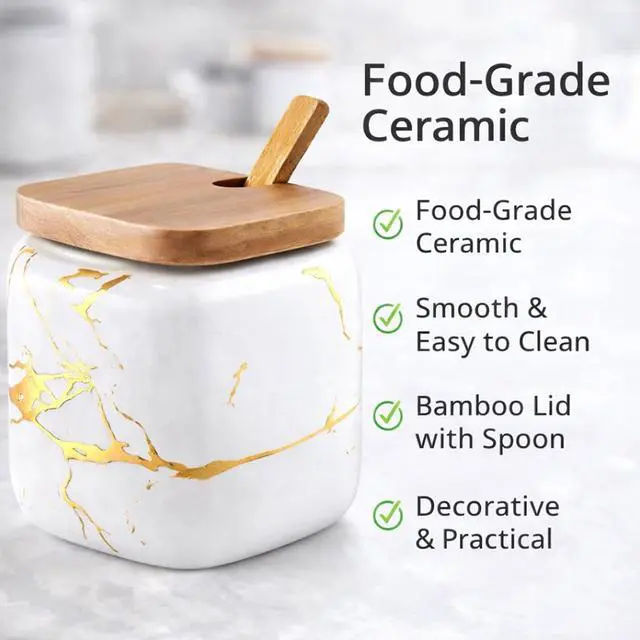 Alt view image 7 of 7 - Marble Ceramics Sugar Bowl Ceramic Seasoning Box Ceramic Spice Jars Porcelain Condiment Pots with Lid and Spoon (White)