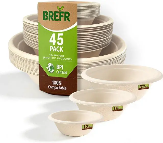 Main image of 45 Pack Compostable Bowls, Multi-Size Sample Pack 12oz, 16oz, 32oz Biodegradable Sugarcane Bowls for Soup, Salad, Snacks, Dips & Meal Prep
