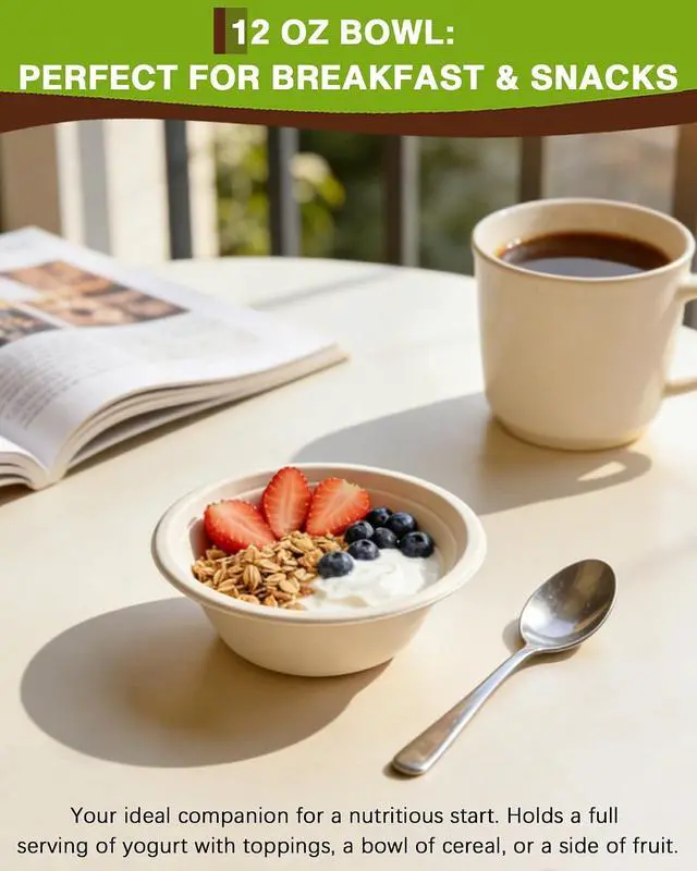 Alt view image 3 of 7 - 45 Pack Compostable Bowls, Multi-Size Sample Pack 12oz, 16oz, 32oz Biodegradable Sugarcane Bowls for Soup, Salad, Snacks, Dips & Meal Prep