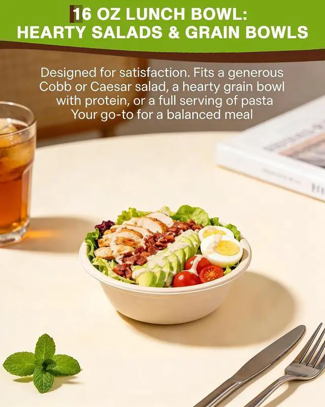 Alt view image 4 of 7 - 45 Pack Compostable Bowls, Multi-Size Sample Pack 12oz, 16oz, 32oz Biodegradable Sugarcane Bowls for Soup, Salad, Snacks, Dips & Meal Prep