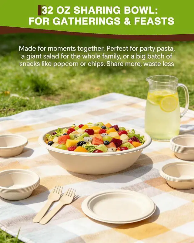 Alt view image 5 of 7 - 45 Pack Compostable Bowls, Multi-Size Sample Pack 12oz, 16oz, 32oz Biodegradable Sugarcane Bowls for Soup, Salad, Snacks, Dips & Meal Prep