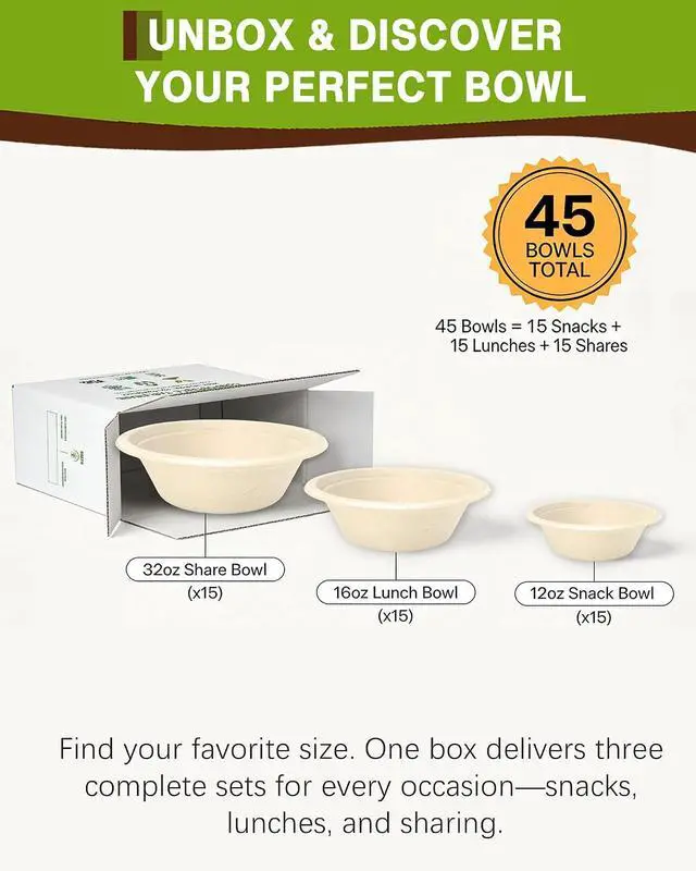 Alt view image 6 of 7 - 45 Pack Compostable Bowls, Multi-Size Sample Pack 12oz, 16oz, 32oz Biodegradable Sugarcane Bowls for Soup, Salad, Snacks, Dips & Meal Prep