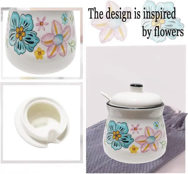 Alt view image 3 of 5 - Ceramic Sugar Bowl with Lid and Spoon Sugar Container Sugar Holder for Coffee Bar,Home and Kitchen 12oz