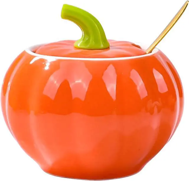 Main image of Ceramic Sugar Bowl with Lid and Spoon, 300 ML Pumpkin Shape Spirce Jar