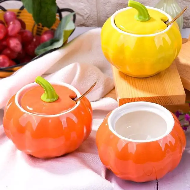 Alt view image 2 of 7 - Ceramic Sugar Bowl with Lid and Spoon, 300 ML Pumpkin Shape Spirce Jar