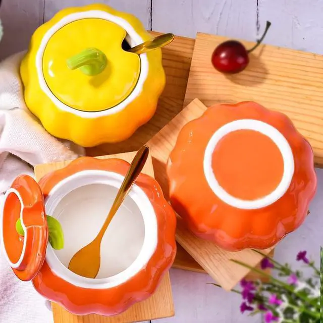 Alt view image 3 of 7 - Ceramic Sugar Bowl with Lid and Spoon, 300 ML Pumpkin Shape Spirce Jar