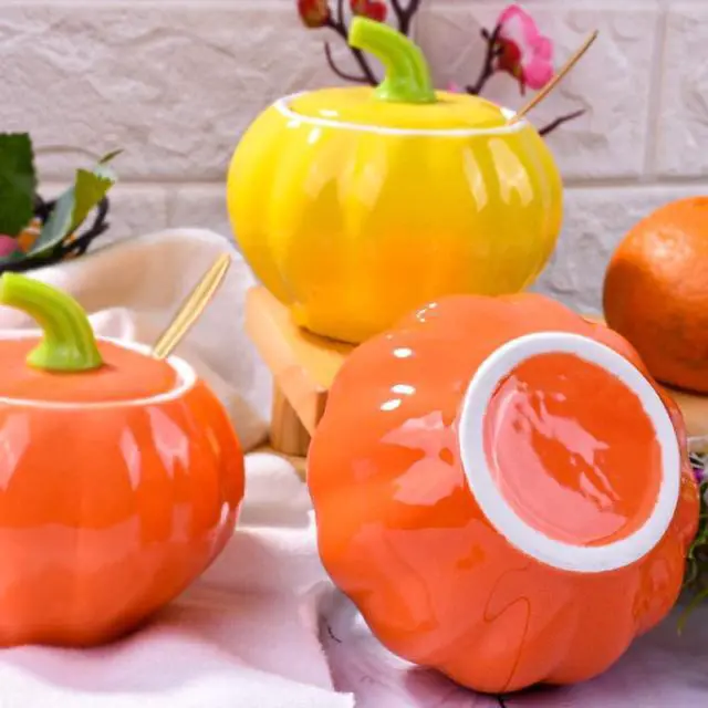 Alt view image 4 of 7 - Ceramic Sugar Bowl with Lid and Spoon, 300 ML Pumpkin Shape Spirce Jar