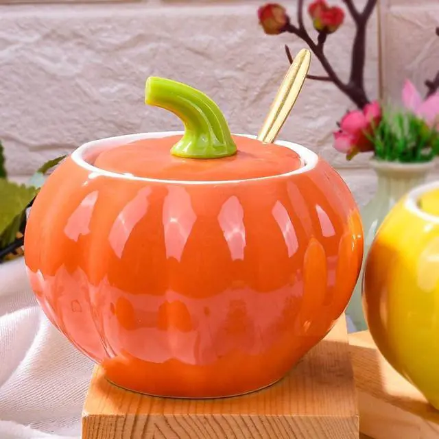 Alt view image 7 of 7 - Ceramic Sugar Bowl with Lid and Spoon, 300 ML Pumpkin Shape Spirce Jar