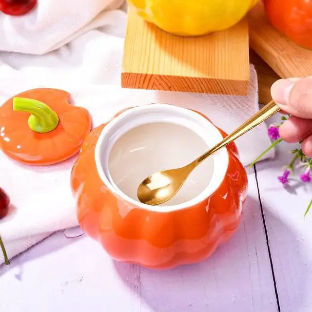 Alt view image 5 of 7 - Ceramic Sugar Bowl with Lid and Spoon, 300 ML Pumpkin Shape Spirce Jar