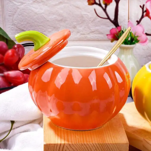 Alt view image 6 of 7 - Ceramic Sugar Bowl with Lid and Spoon, 300 ML Pumpkin Shape Spirce Jar